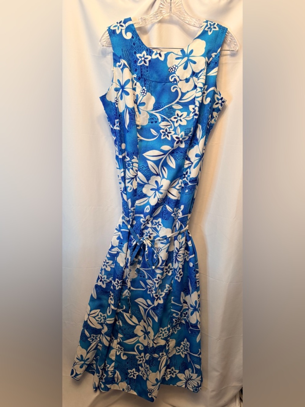 Vintage Pomare Hawaii Women’s Size 14 Tie Front Maxi Dress Blue White Tropical